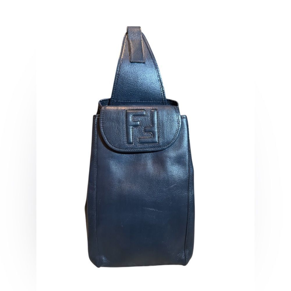 FENDI Navy Blue Leather FF Sling Bag Backpack Knapsack Auth
